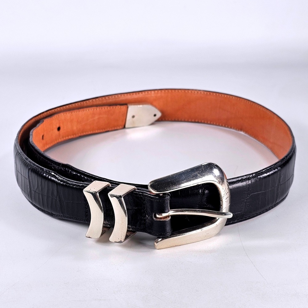 Onyx by Brighton Mens Black Croc Embossed Leather Western Belt Silver Tip 34